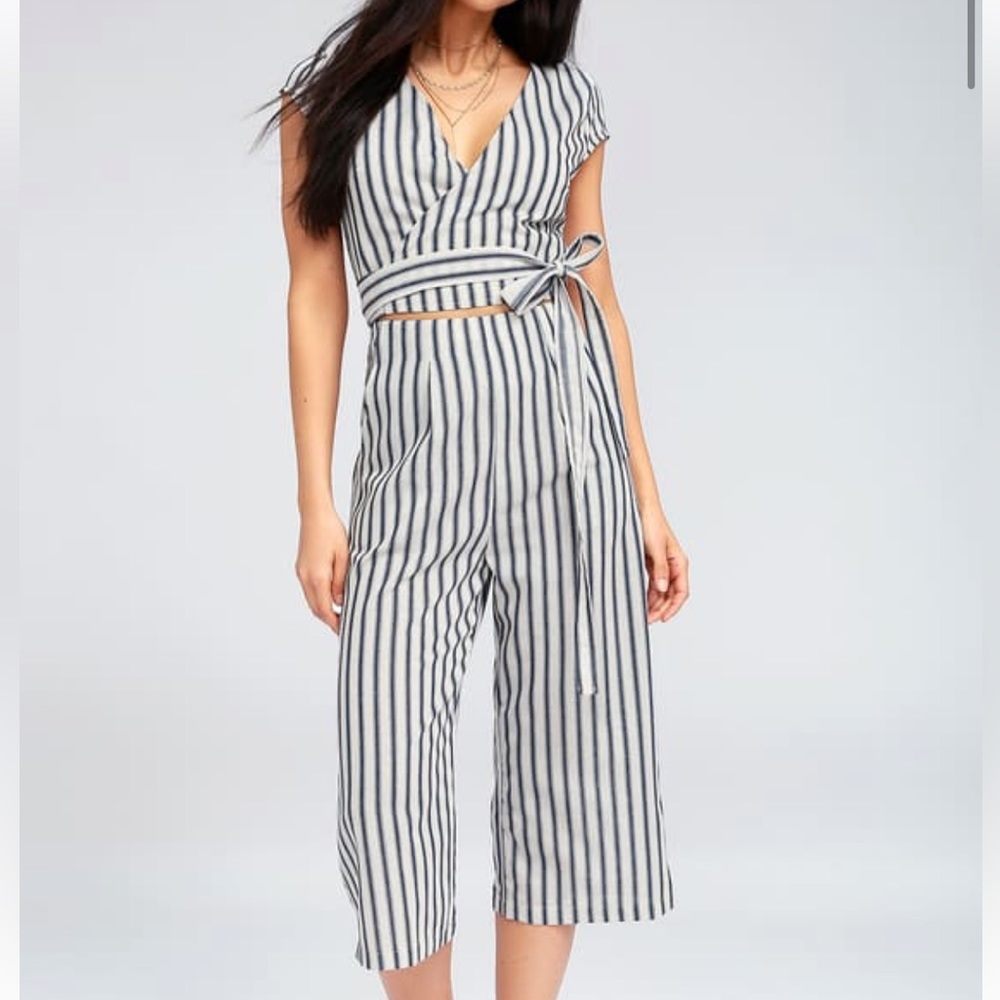 Lulus Jetset to go Blue and White Striped Wrap Culotte Jumpsuit